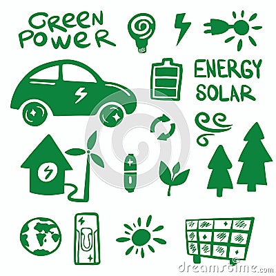 Green power and solar energy sticker hand drawn icon set, Flat vector illustration.Renewable resources.Ecology.Nature road electro Vector Illustration