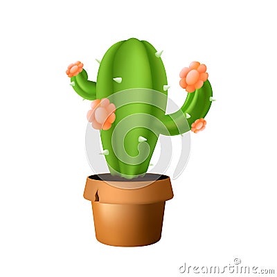 Green prickly cactus in a brown ceramic pot with blooming flowers on it. Vector illustration isolated on white background Vector Illustration