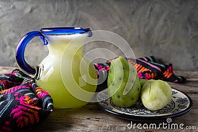 Green prickly pear fruit water in glass jar Stock Photo