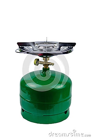 Green propane gas cylinder with burner isolated on white background Stock Photo