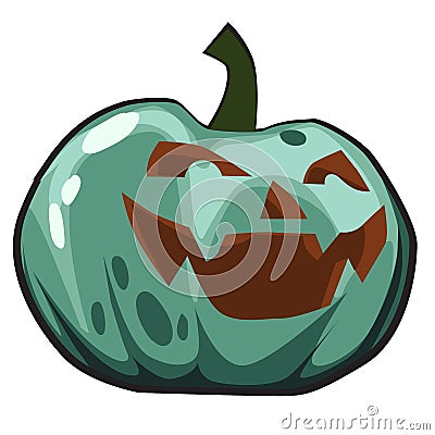 Green pumpkin with carved eyes and mouth, Jack-o-Lanterns. Attribute of the holiday of Halloween. Sketch for holiday Vector Illustration