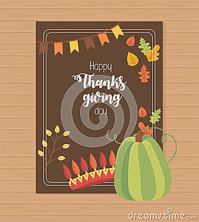 Green pumpkin crown feathers leaves happy thanksgiving poster Vector Illustration