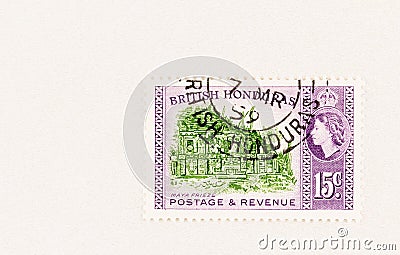 Green and Purple British Honduras 15 cent postage stamp Editorial Stock Photo