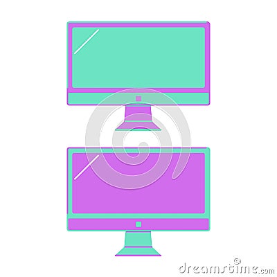 Green and purple computer monitors on a white background. Vector Illustration