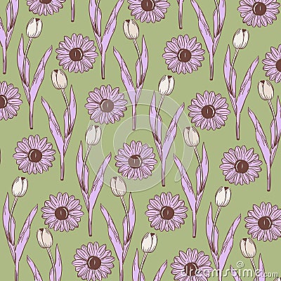 Green Purple Retro Y2K Funky Hippie Flower Pattern Stock Photo