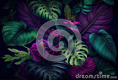 Green and purple tropical leafy plants background Stock Photo