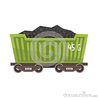 Green railway wagon loaded with coal. Colorful cartoon illustration Vector Illustration