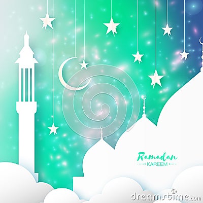 Green Ramadan Kareem Greeting card.. Arabic window Mosque, clouds, white stars. Paper cut style. Arabesque pattern Vector Illustration