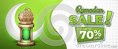 Green Ramadan Sale Banner with Realistic Lantern Vector Illustration