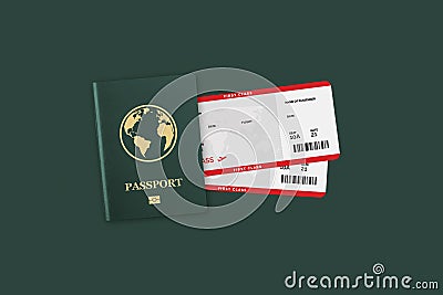 Green Realistic International Passport with Flight Tickets Cartoon Illustration