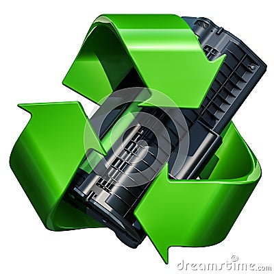 Green recycle symbol with toner cartridge, 3D rendering Stock Photo