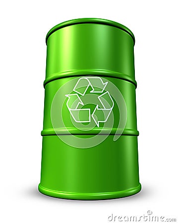 Green recycling barrel in oil drums Stock Photo