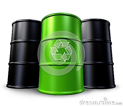 Green recycling barrel with oil drums Stock Photo