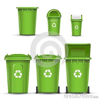 Green Recycling Bin Bucket Vector For Glass Trash. Opened And Closed. Front View. Sign Arrow. Isolated Illustration Vector Illustration