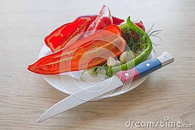 Green and red bell pepper backgro. Include fresh organic vegetables and pepper on wooden floor Stock Photo