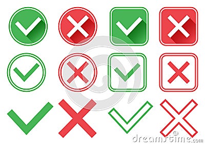 Green and red buttons. Green check mark and red cross. Right and wrong. Vector illustration Cartoon Illustration