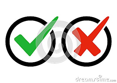 Green check mark and red cross. Right and wrong. Vector illustration Cartoon Illustration