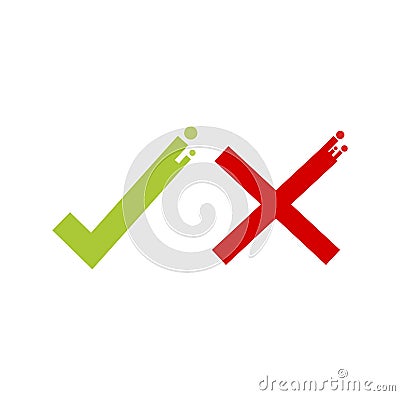 Green and red check mark icon. checkmarks flat line icons set. Vector illustration on white. Cartoon Illustration