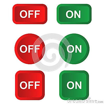 Green ON and Red OFF Button Icons Set in Various Shapes, Isolated on White, Vector for UI or Power Control Vector Illustration