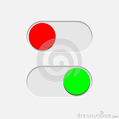 Green On and red Off toggle switch buttons isolated on gray background. Vector design element. Vector Illustration