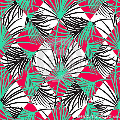 Green and red palm leaves and harlequin rhombs seamless vector pattern. Vector Illustration