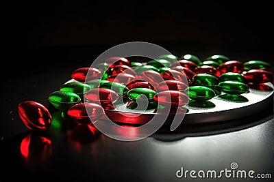 Green And Red Pills Capsules With Medicine Stock Photo