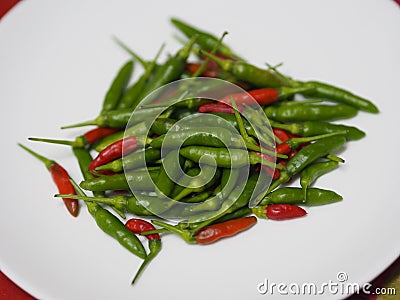 Green red Thai pepper, Chilli Padi, Capsicum annuum freshness on white plate vegetable food Stock Photo