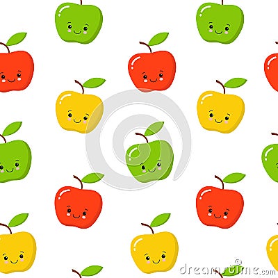 Green, Red, Yellow Cute Apple Seamless Endless Pattern. Red Apple Fruit. Cartoon Style Stock Photo