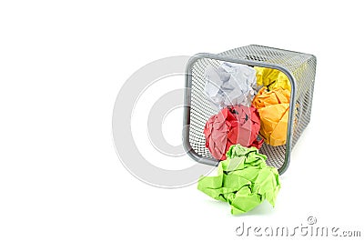 Green, red and yellow waste color paper on metal can Stock Photo