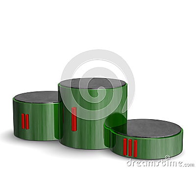 Green reflective cylindrical sports victory podium with red Roman numerals Stock Photo