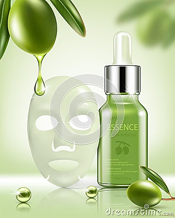 Green repair serum with green olive essence. Cartoon Illustration