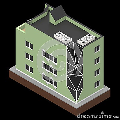 Green residential building in a small isolated platform. Raster 3d illustration of a perspective view. 3d rendering. Cartoon Illustration