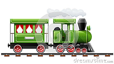 Green retro locomotive with coach Vector Illustration