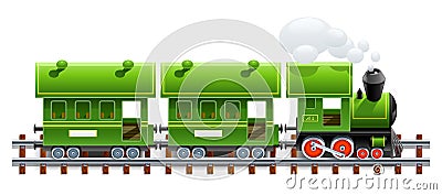 Green retro locomotive with coach Vector Illustration