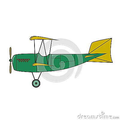 Green retro plane in cartoon style on white background Vector Illustration