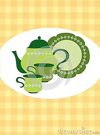 Green retro teapot, cups and plate Vector Illustration