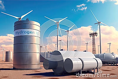 Green Revolution: Hydrogen Tanks and Wind Generators - Generative AI Cartoon Illustration