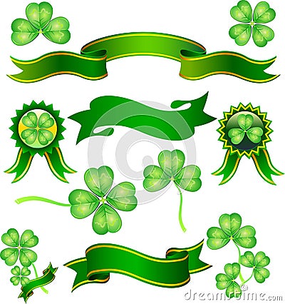 Green ribbon with clover Vector Illustration