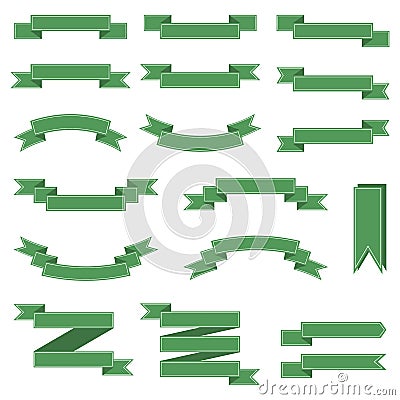 Green Ribbon Set Banners, Labels isolated on white background. Collection of 18 ribbons. Vector illustration for your design. Vector Illustration