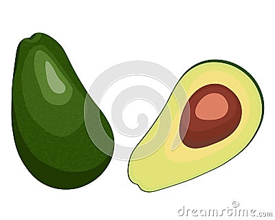 Green ripe avocado flat vector icon illustration whole and half Vector Illustration