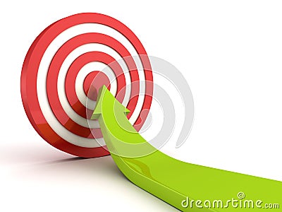 Green rising arrow pointing in center of red target Stock Photo