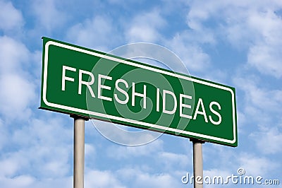 Green Road Sign, Fresh Ideas Text Concept Bright Cloudscape Sky, Innovation Business Concept Inspiration Metaphor Roadside Signage Stock Photo