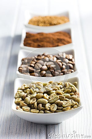 Green, roasted, ground and instant coffee Stock Photo