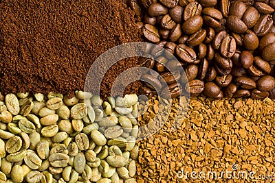 Green, roasted, ground and instant coffee Stock Photo