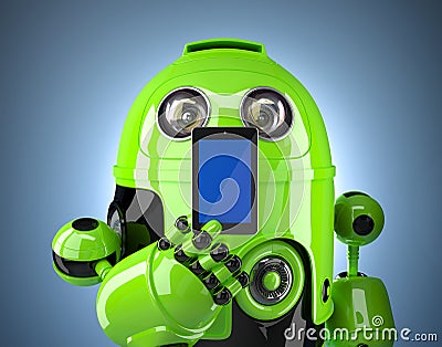 Green robot with phone. Contains clipping path of phone and entire scene Stock Photo