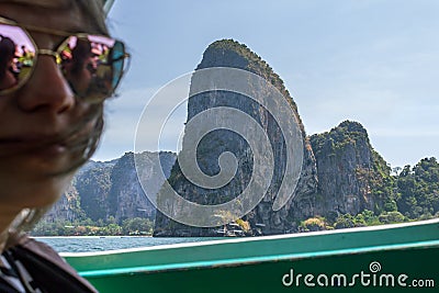 Green rock mountains, island view from sea in Krabi Stock Photo