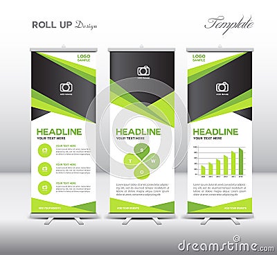 Green Roll Up Banner template and info graphics, stand design,vector illustration Vector Illustration