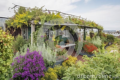 green rooftop garden with climbing vines and blooming flowers Stock Photo