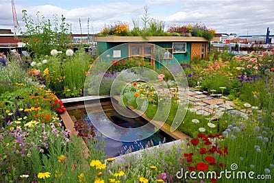 green rooftop garden with colorful blooms and water feature Stock Photo