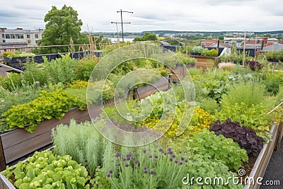 green rooftop garden with vegetables, herbs, and flowers Stock Photo